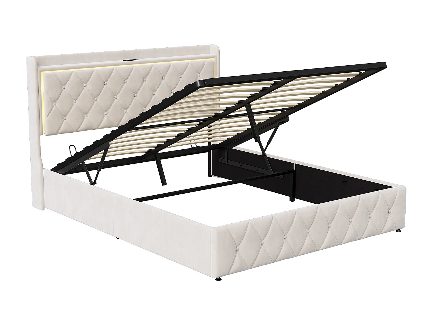 Lit Capitonné 140x190cm, avec LED et Fonction de Charge USB, avec Espace de Rangement,Velours, Beige