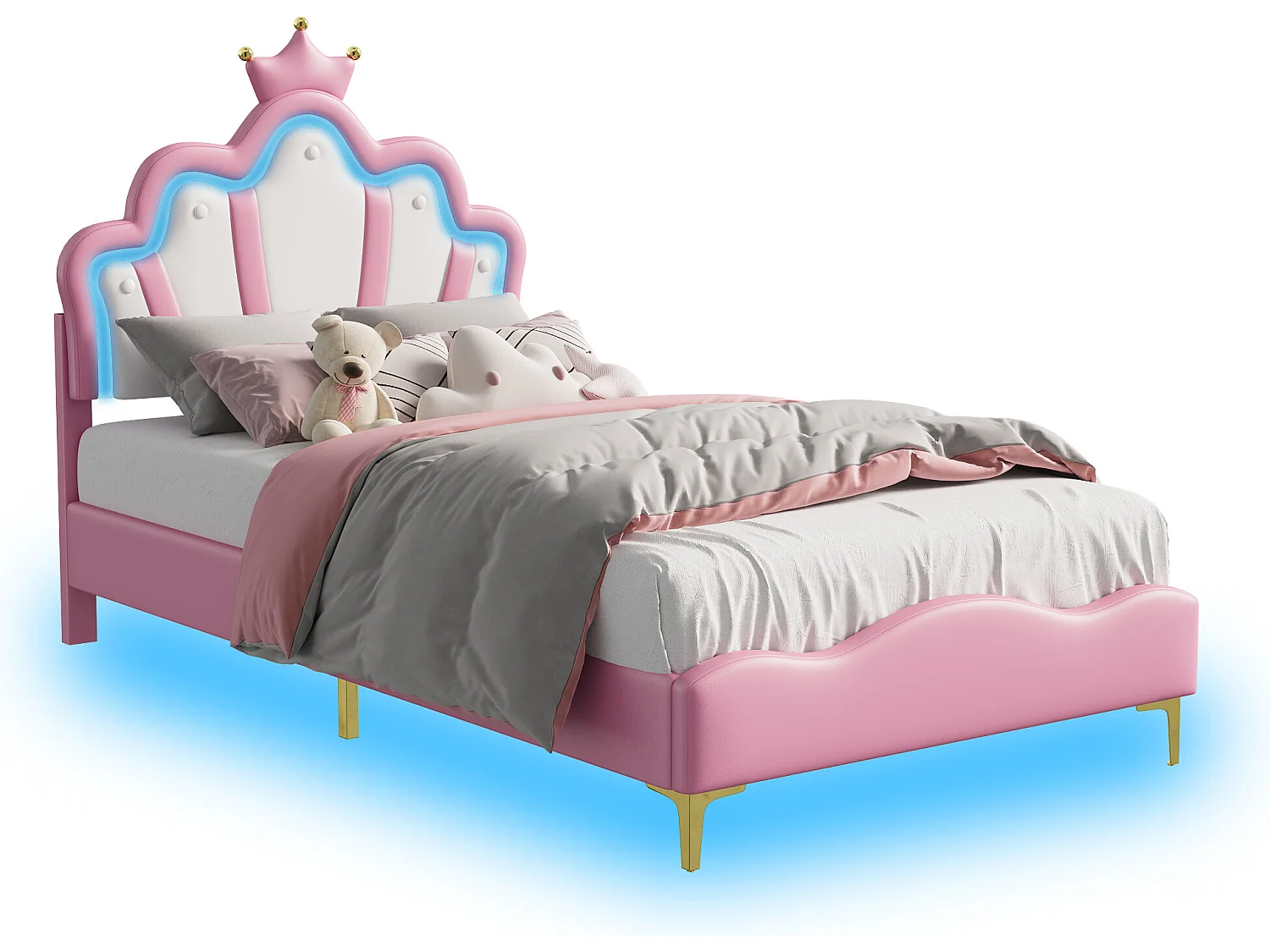 Lit Enfant 90 x 190cm, Lit pour Enfant rembourré avec LED réglable, avec tête de Fleur et sommier à Lattes, Rose