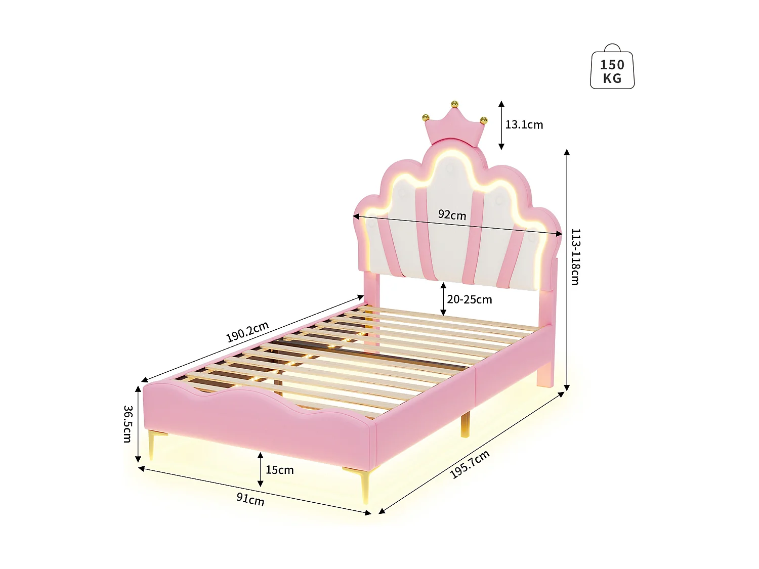 Lit Enfant 90 x 190cm, Lit pour Enfant rembourré avec LED réglable, avec tête de Fleur et sommier à Lattes, Rose