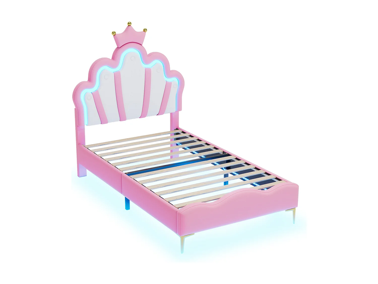 Lit Enfant 90 x 190cm, Lit pour Enfant rembourré avec LED réglable, avec tête de Fleur et sommier à Lattes, Rose