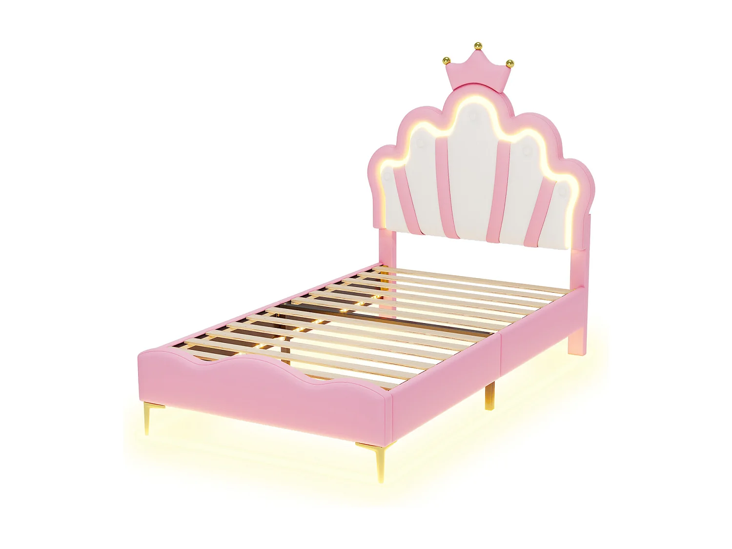 Lit Enfant 90 x 190cm, Lit pour Enfant rembourré avec LED réglable, avec tête de Fleur et sommier à Lattes, Rose