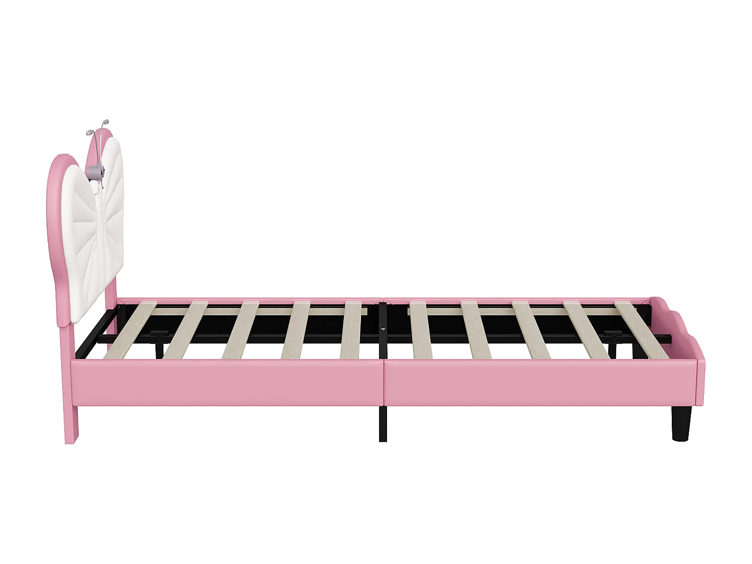 Lit Fille 90 x 190 cm avec LED, Tête de Lits réglable en Forme de Papillon et Lattes en Velours, Rose