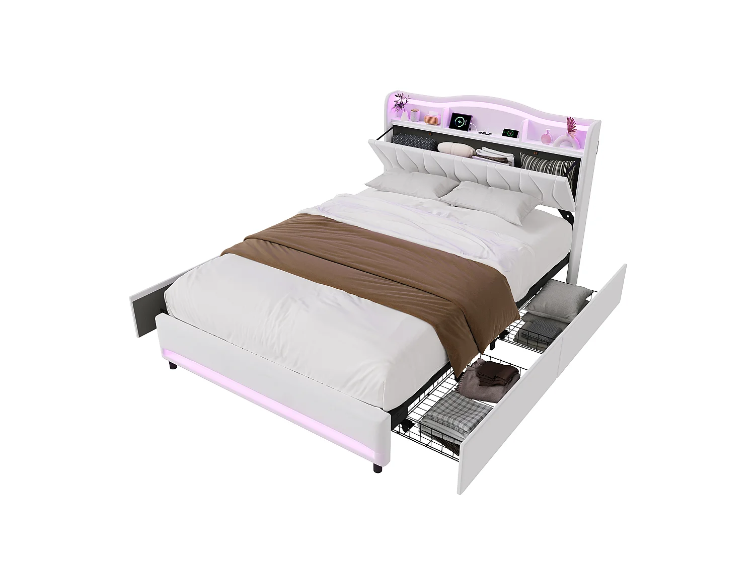 Lit Double 140 x 200 cm avec 4 Tiroirs, avec LED et Ports USB, Sommier à Lattes, Velours, Beige