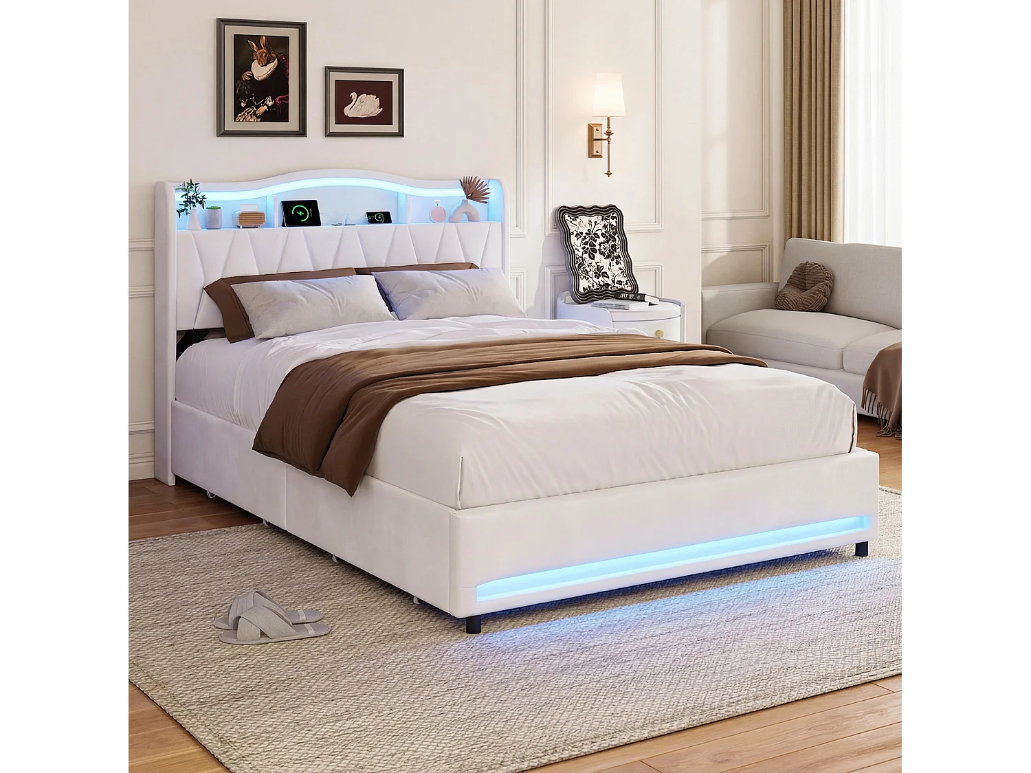 Lit Double 140 x 200 cm avec 4 Tiroirs, avec LED et Ports USB, Sommier à Lattes, Velours, Beige