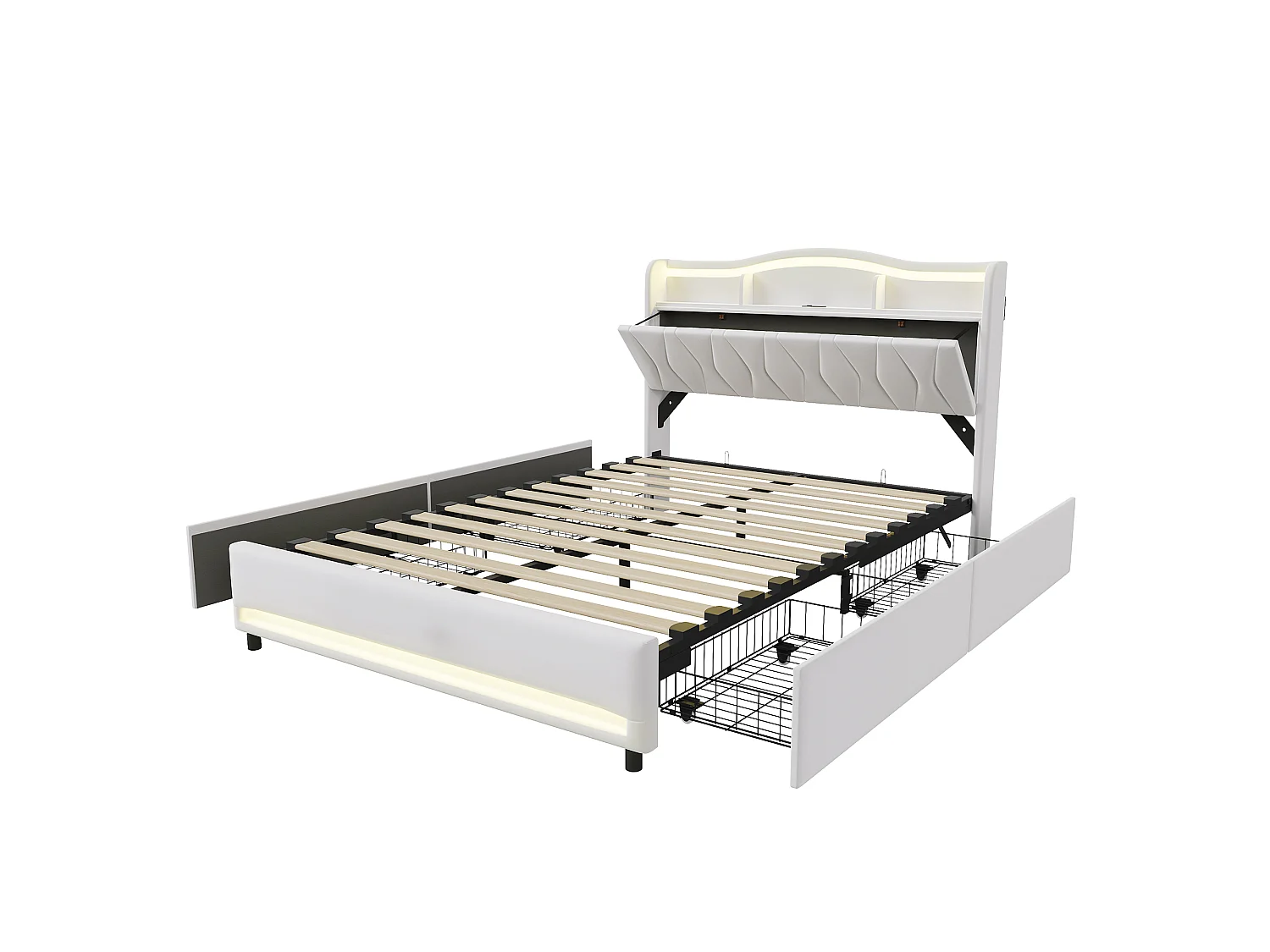 Lit Double 140 x 200 cm avec 4 Tiroirs, avec LED et Ports USB, Sommier à Lattes, Velours, Beige