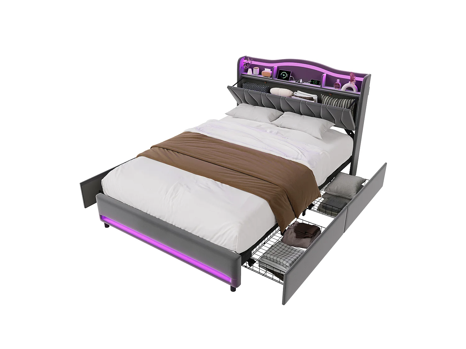 Lit Double 140 x 200 cm avec 4 Tiroirs, avec LED et Ports USB, Sommier à Lattes, Velours, Gris