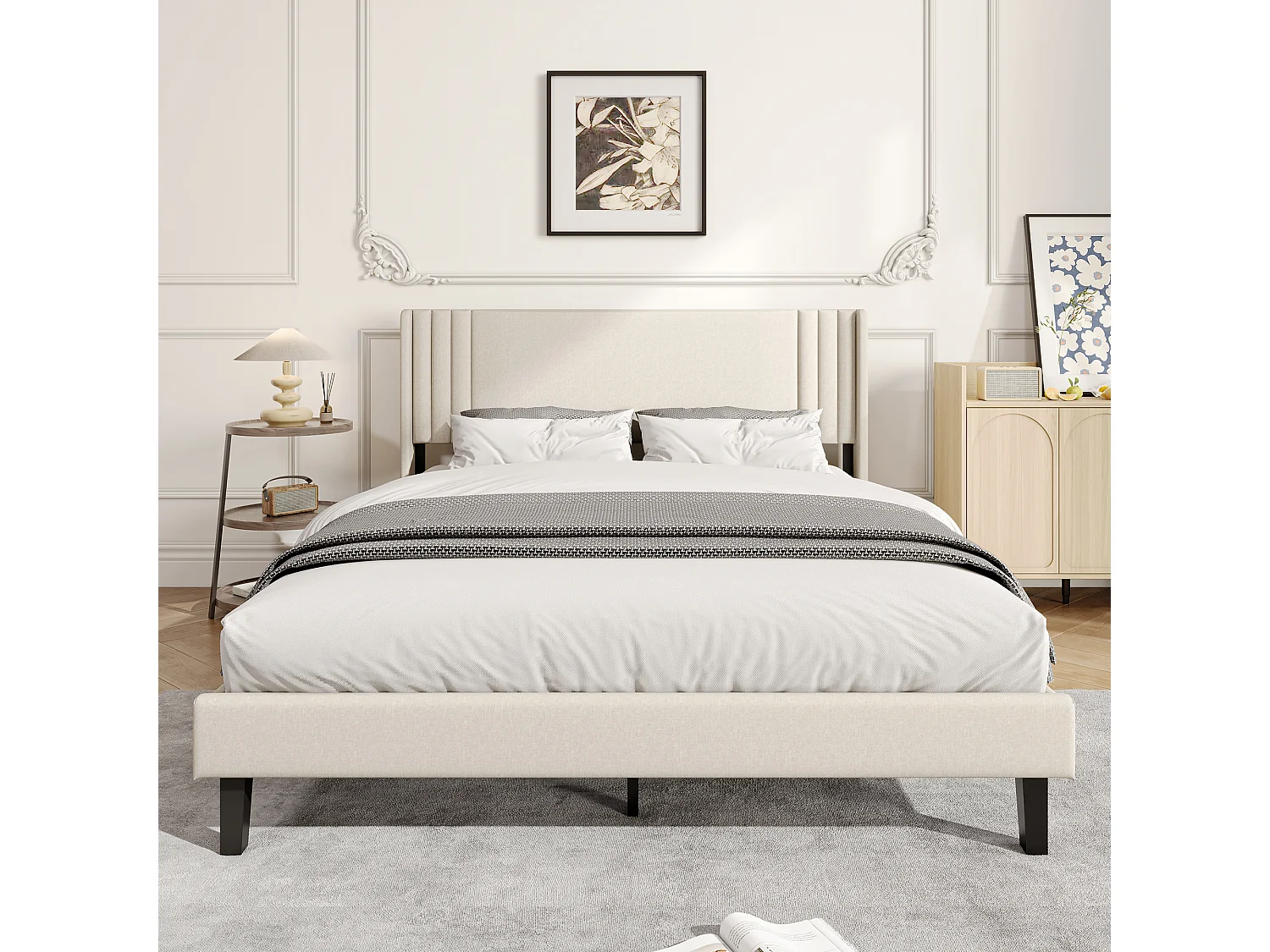 Lit Capitonné 140 x 200 cm, Cadre de Lits avec Sommier à Lattes et Tête Capitonnée, Lin, Beige