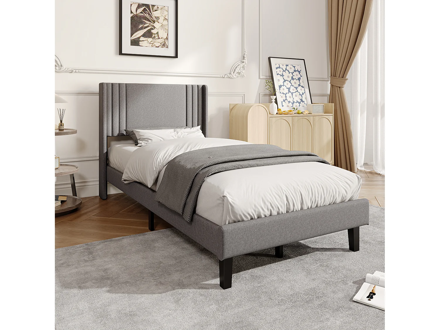 Lit Capitonné 90 x 200 cm, Cadre de Lits avec Sommier à Lattes et Tête Capitonnée, Lin, Gris
