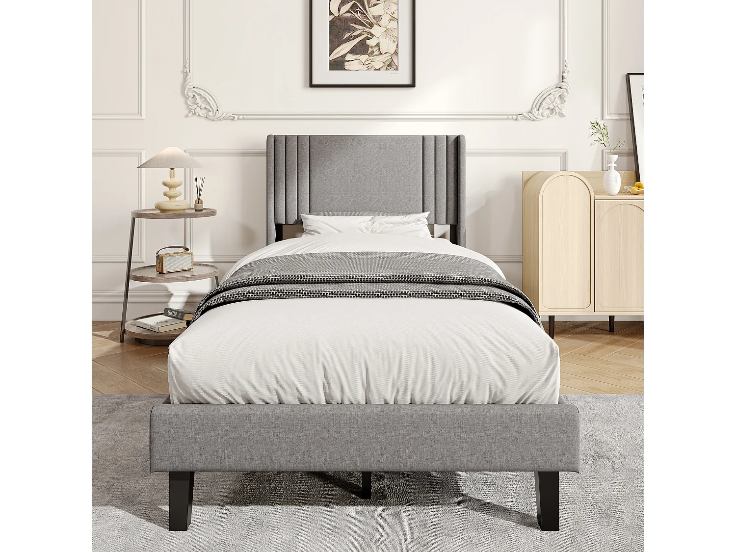 Lit Capitonné 90 x 200 cm, Cadre de Lits avec Sommier à Lattes et Tête Capitonnée, Lin, Gris