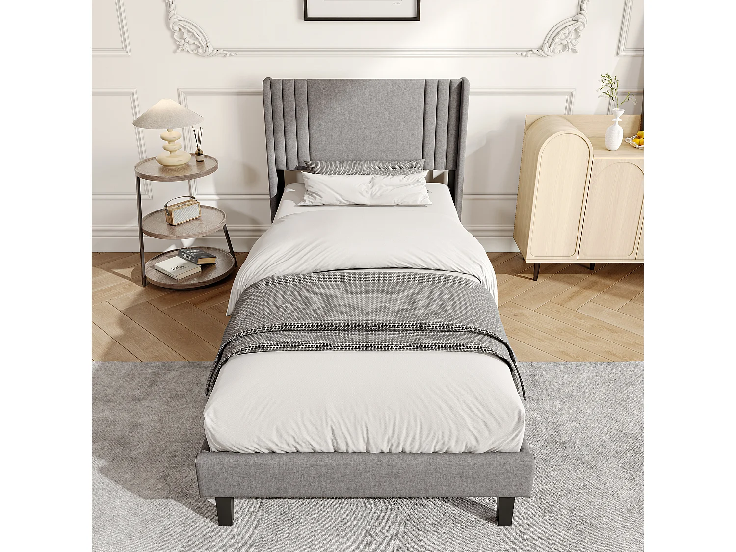 Lit Capitonné 90 x 200 cm, Cadre de Lits avec Sommier à Lattes et Tête Capitonnée, Lin, Gris