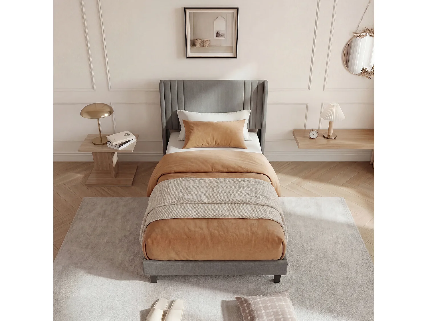 Lit Capitonné 90 x 200 cm, Cadre de Lits avec Sommier à Lattes et Tête Capitonnée, Lin, Gris