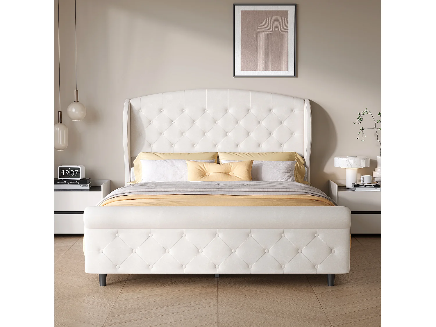 Doppelbett 140 x 200 cm, Schlittenbett, gestepptes Kopf- und Fußteil mit Knöpfen, Samt, beige
