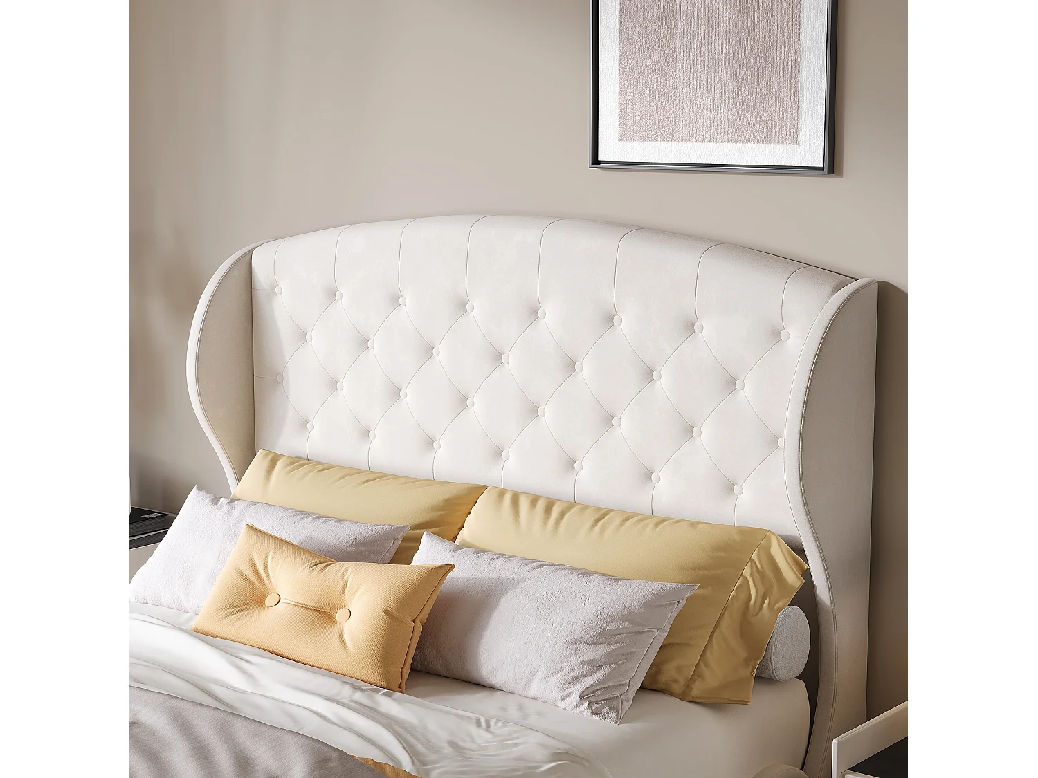 Doppelbett 140 x 200 cm, Schlittenbett, gestepptes Kopf- und Fußteil mit Knöpfen, Samt, beige