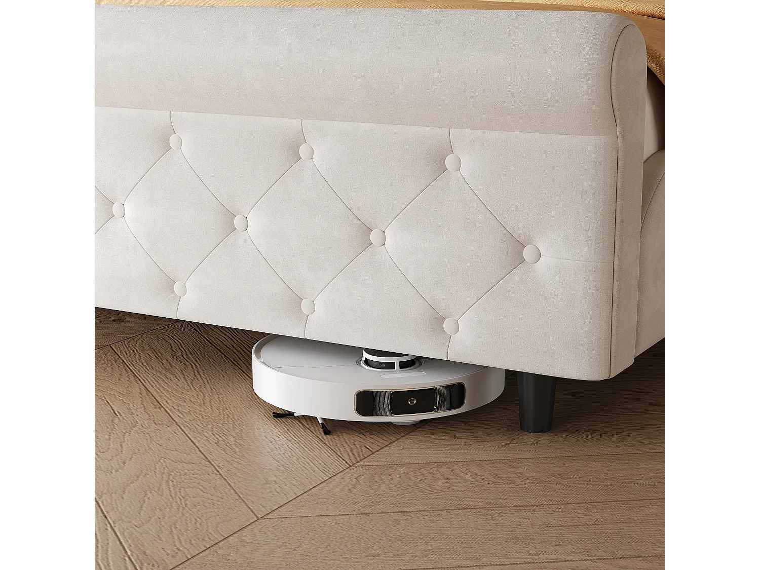 Doppelbett 140 x 200 cm, Schlittenbett, gestepptes Kopf- und Fußteil mit Knöpfen, Samt, beige