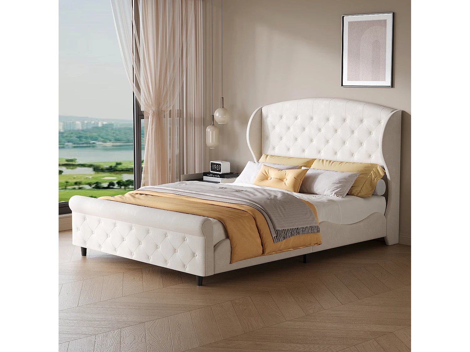Doppelbett 140 x 200 cm, Schlittenbett, gestepptes Kopf- und Fußteil mit Knöpfen, Samt, beige