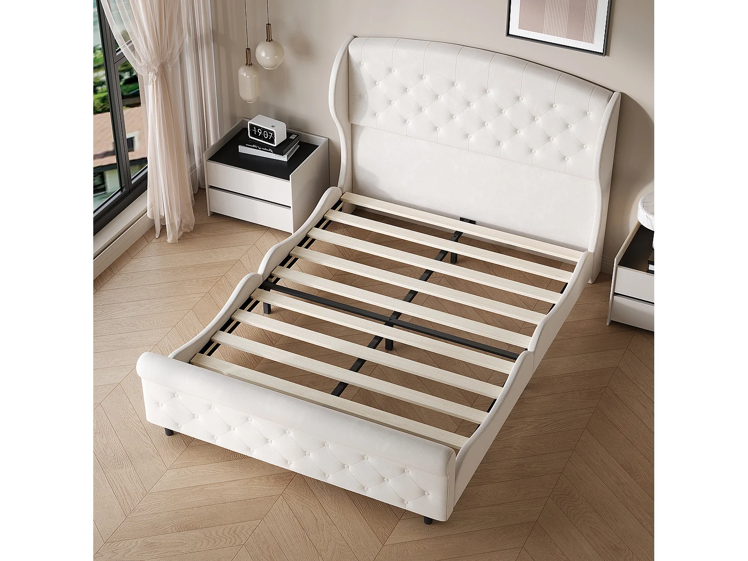 Doppelbett 140 x 200 cm, Schlittenbett, gestepptes Kopf- und Fußteil mit Knöpfen, Samt, beige