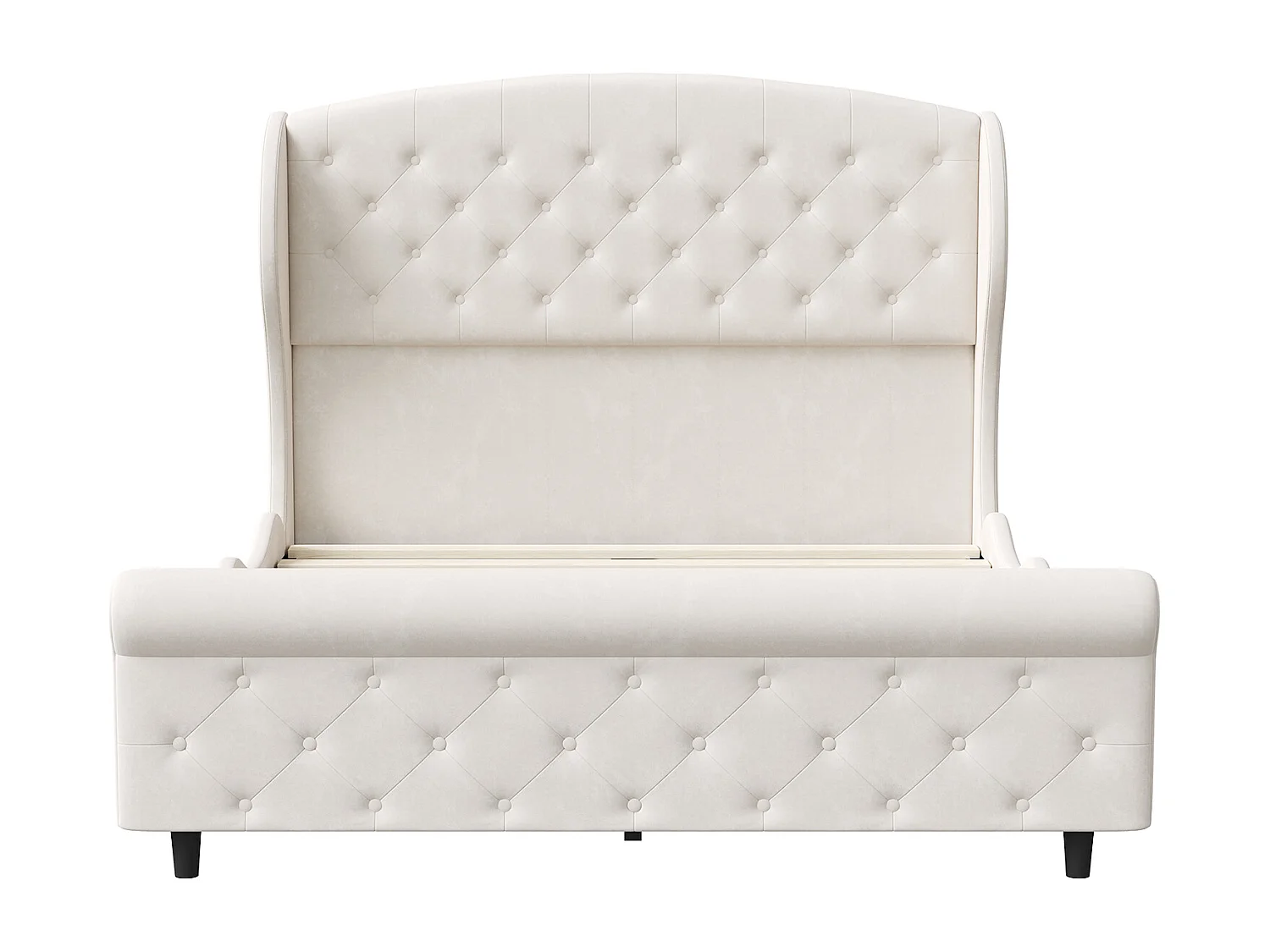 Doppelbett 140 x 200 cm, Schlittenbett, gestepptes Kopf- und Fußteil mit Knöpfen, Samt, beige