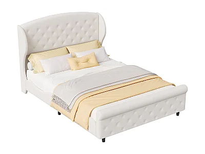 Cama de casal 140 x 200 cm, estilo trenó, cabeceira e peseira capitonê com botões, veludo, bege