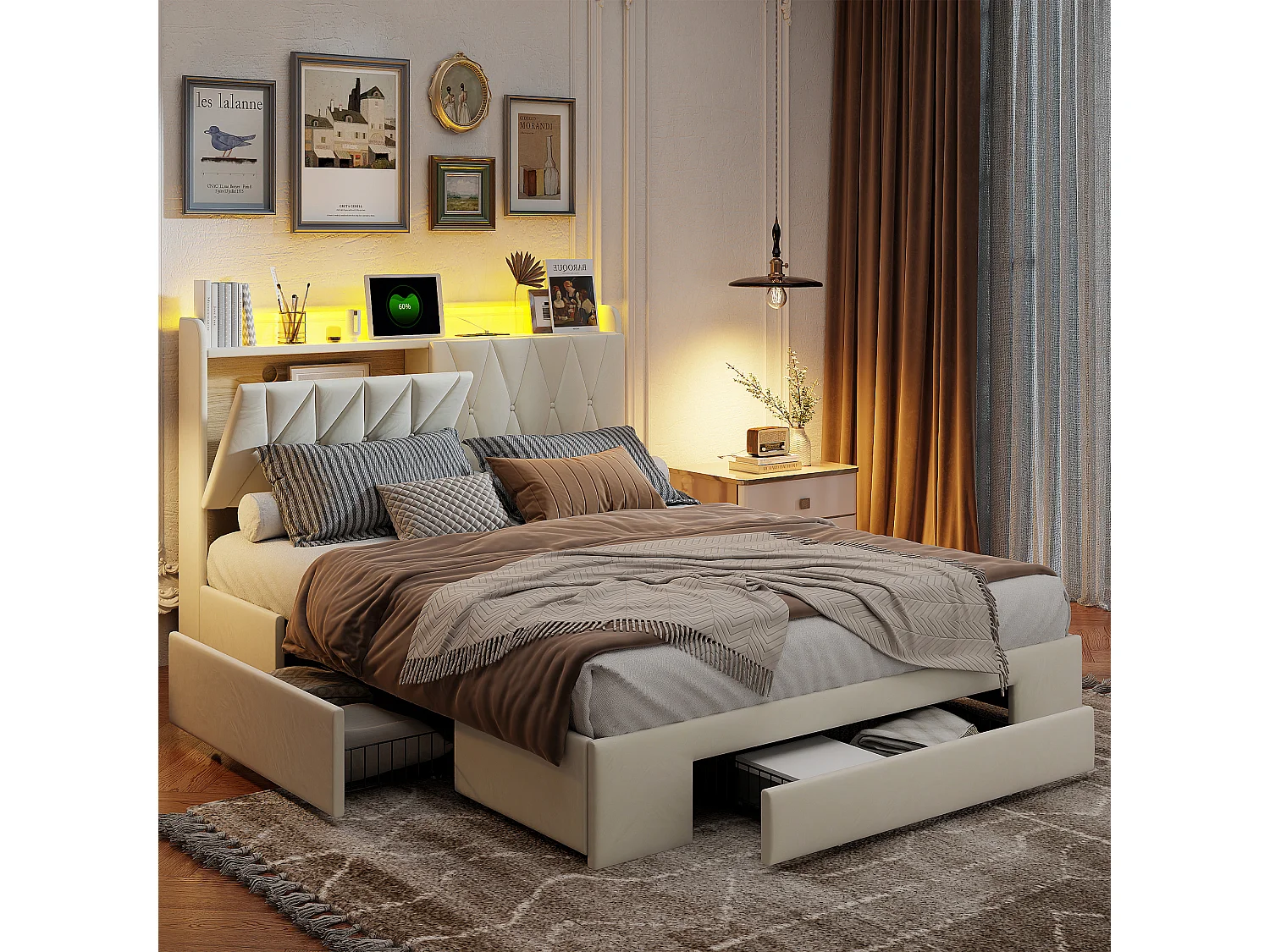 Gestoffeerd tweepersoonsbed 140x190 cm met ledverlichting en usb-aansluiting, lattenbodem en 3 lades, fluweel, beige