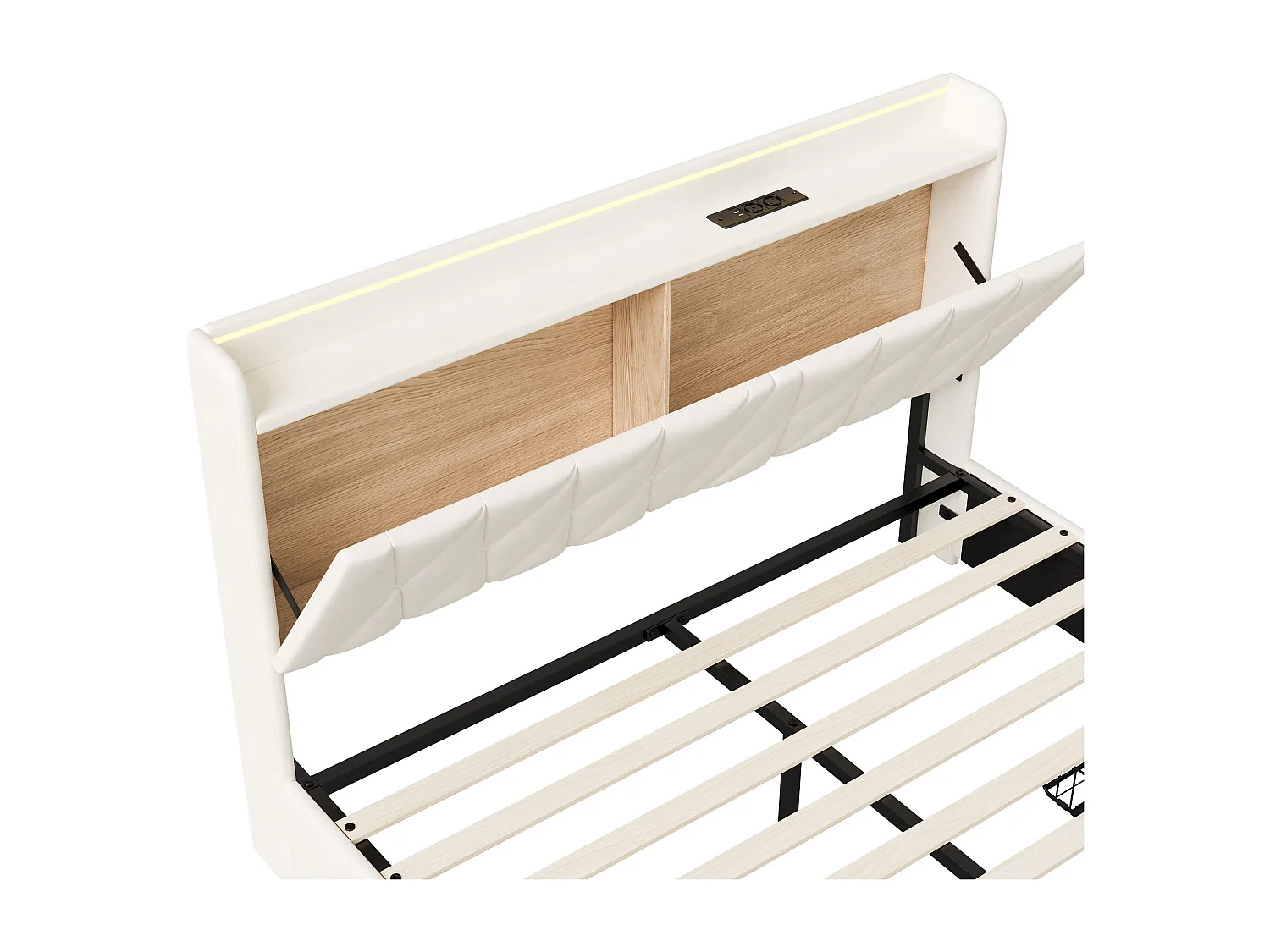 Gestoffeerd tweepersoonsbed 140x190 cm met ledverlichting en usb-aansluiting, lattenbodem en 3 lades, fluweel, beige