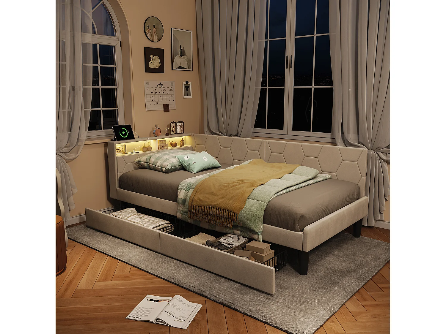 Lit Simple Multifonction 90 x 200 cm avec 2 Tiroirs, avec LED et Ports USB, Velours, Beige