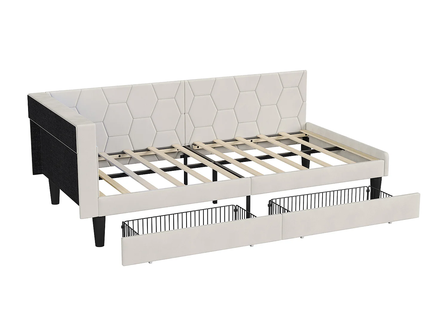 Lit Simple Multifonction 90 x 200 cm avec 2 Tiroirs, avec LED et Ports USB, Velours, Beige