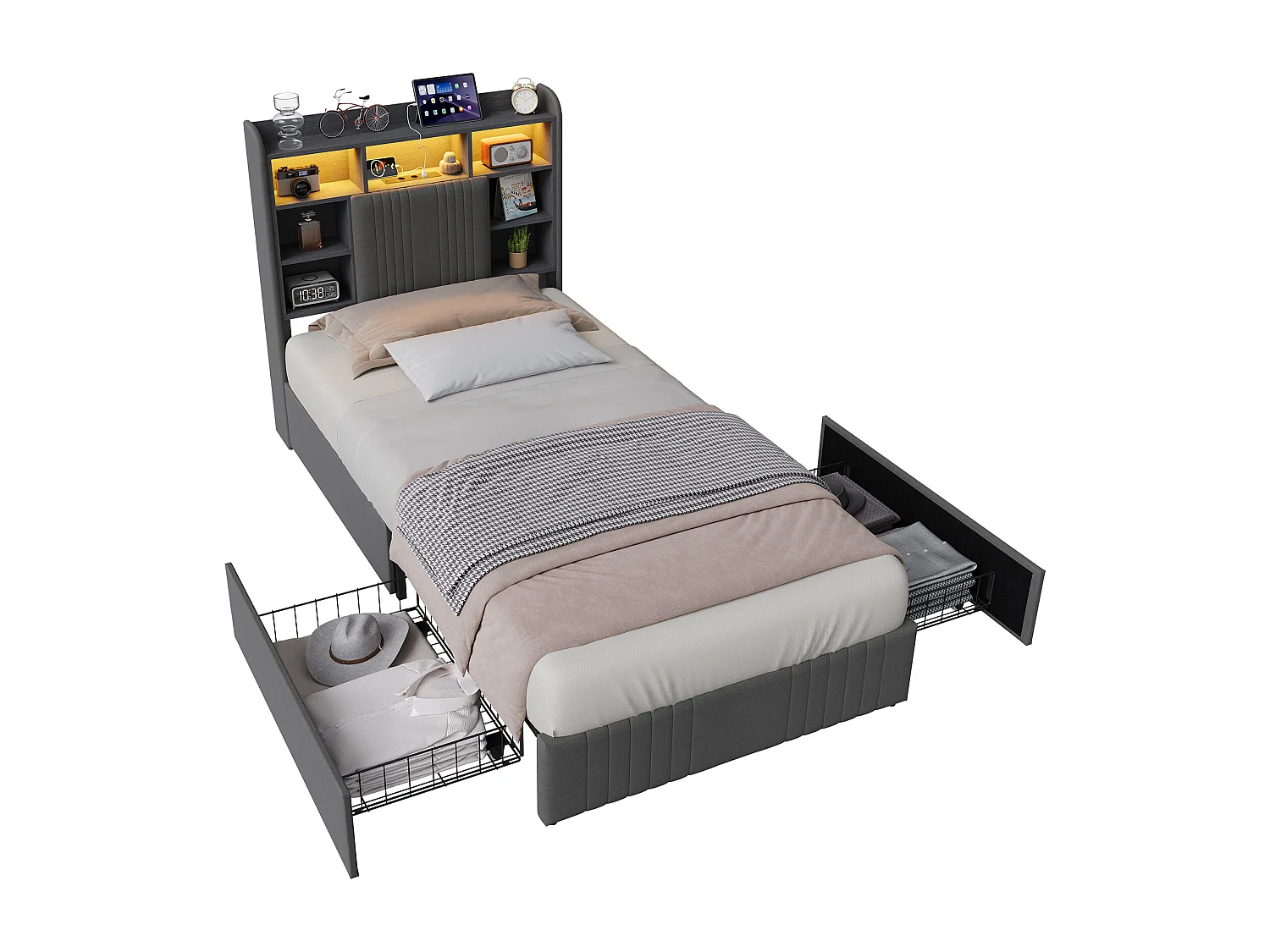 Cama individual de 90x200 cm con iluminación LED, tapizada, con espacio de almacenamiento, 2 cajones y cabecero compartimentado, color lino/gris.
