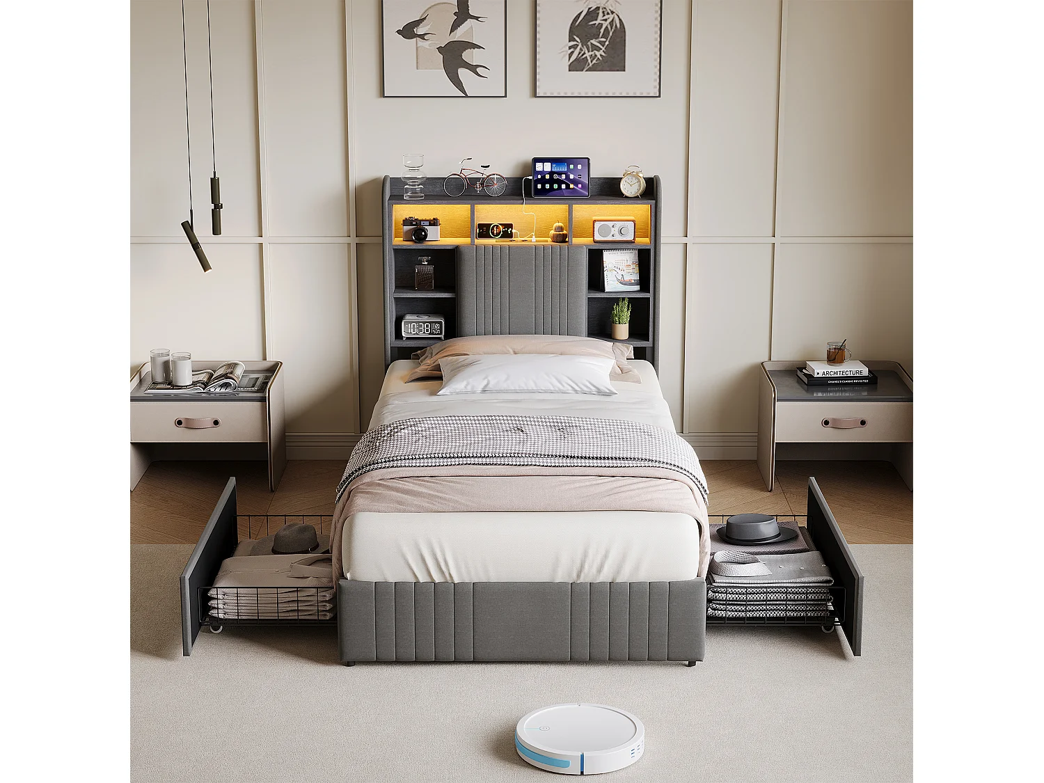 Cama individual de 90x200 cm con iluminación LED, tapizada, con espacio de almacenamiento, 2 cajones y cabecero compartimentado, color lino/gris.
