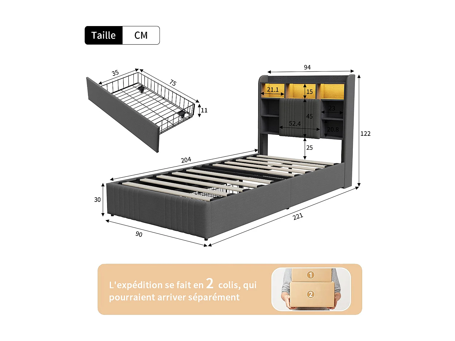 Cama individual de 90x200 cm con iluminación LED, tapizada, con espacio de almacenamiento, 2 cajones y cabecero compartimentado, color lino/gris.
