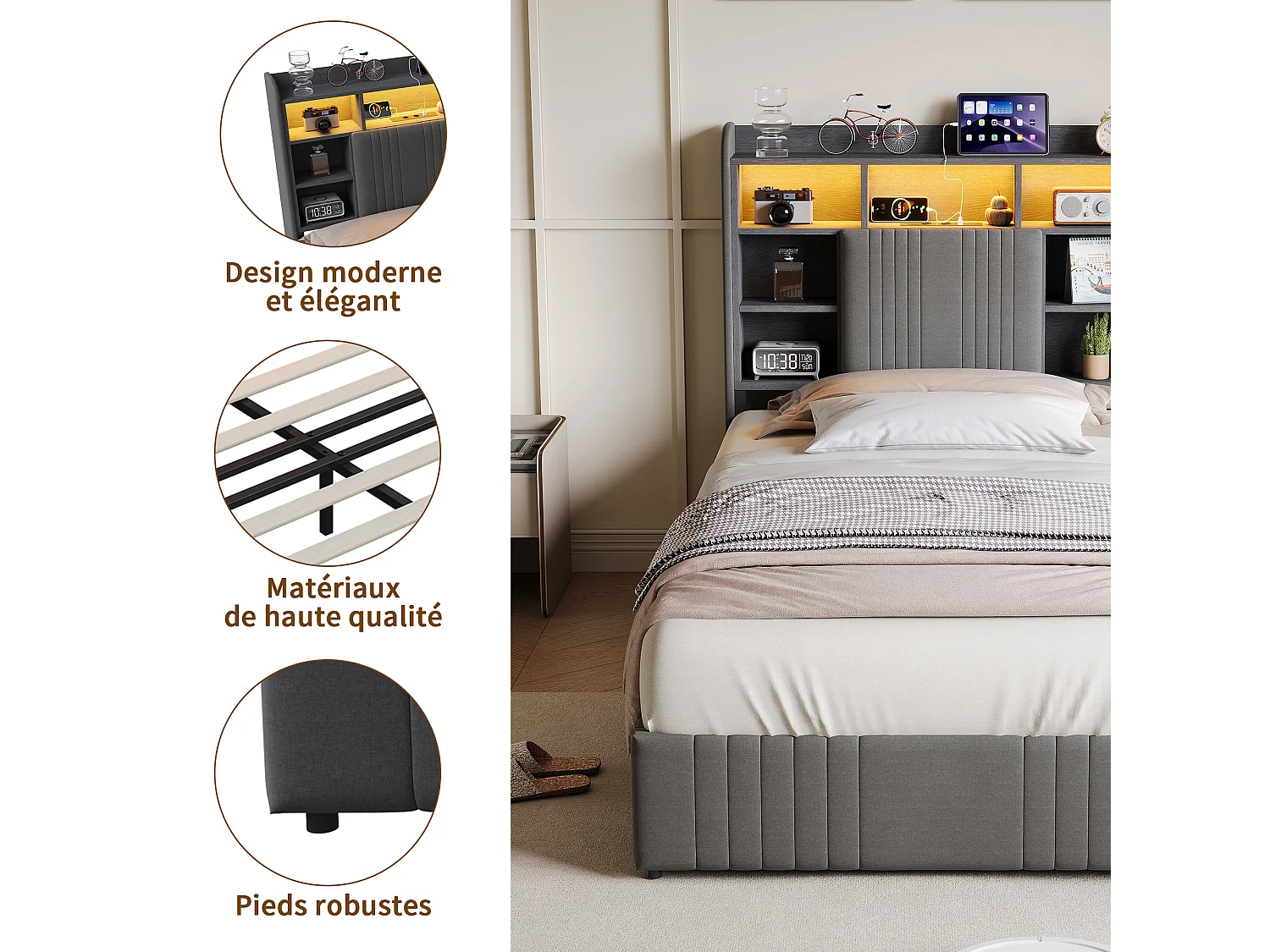 Cama individual de 90x200 cm con iluminación LED, tapizada, con espacio de almacenamiento, 2 cajones y cabecero compartimentado, color lino/gris.