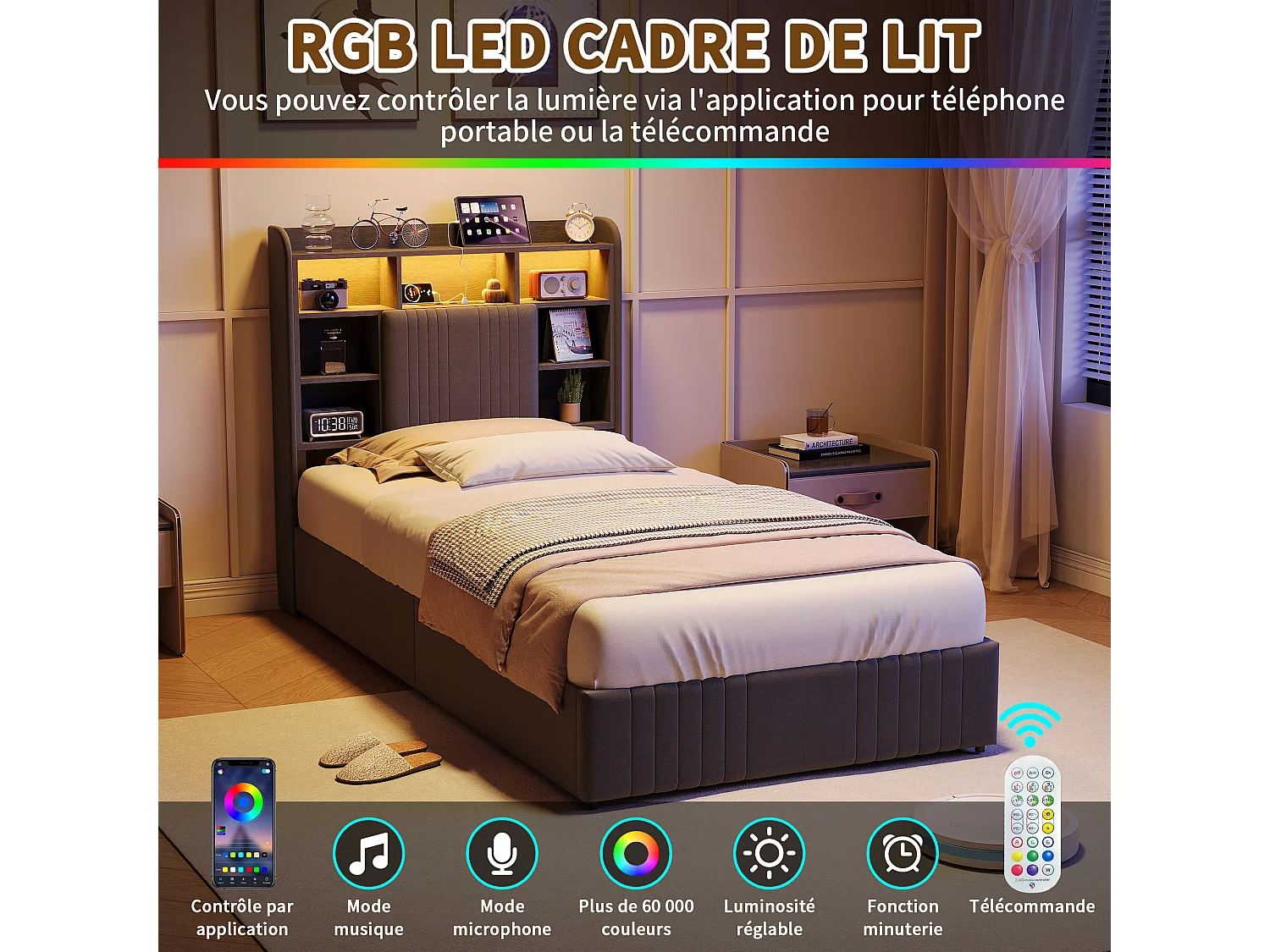 Cama individual de 90x200 cm con iluminación LED, tapizada, con espacio de almacenamiento, 2 cajones y cabecero compartimentado, color lino/gris.