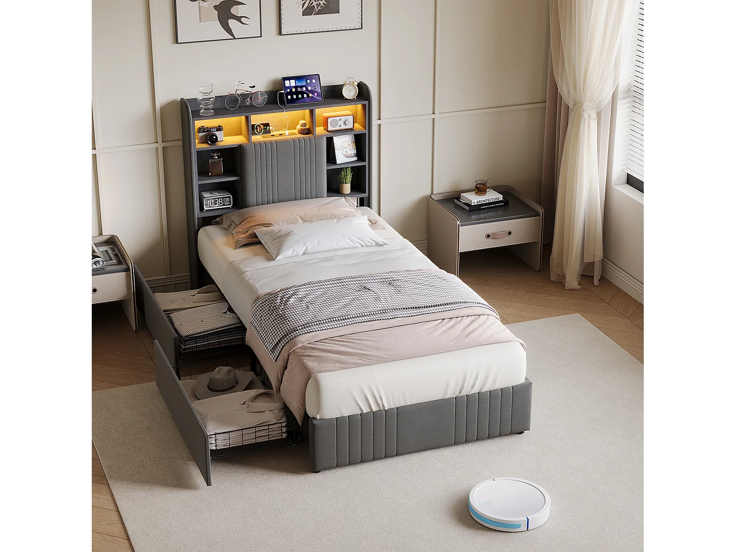 Cama individual de 90x200 cm con iluminación LED, tapizada, con espacio de almacenamiento, 2 cajones y cabecero compartimentado, color lino/gris.