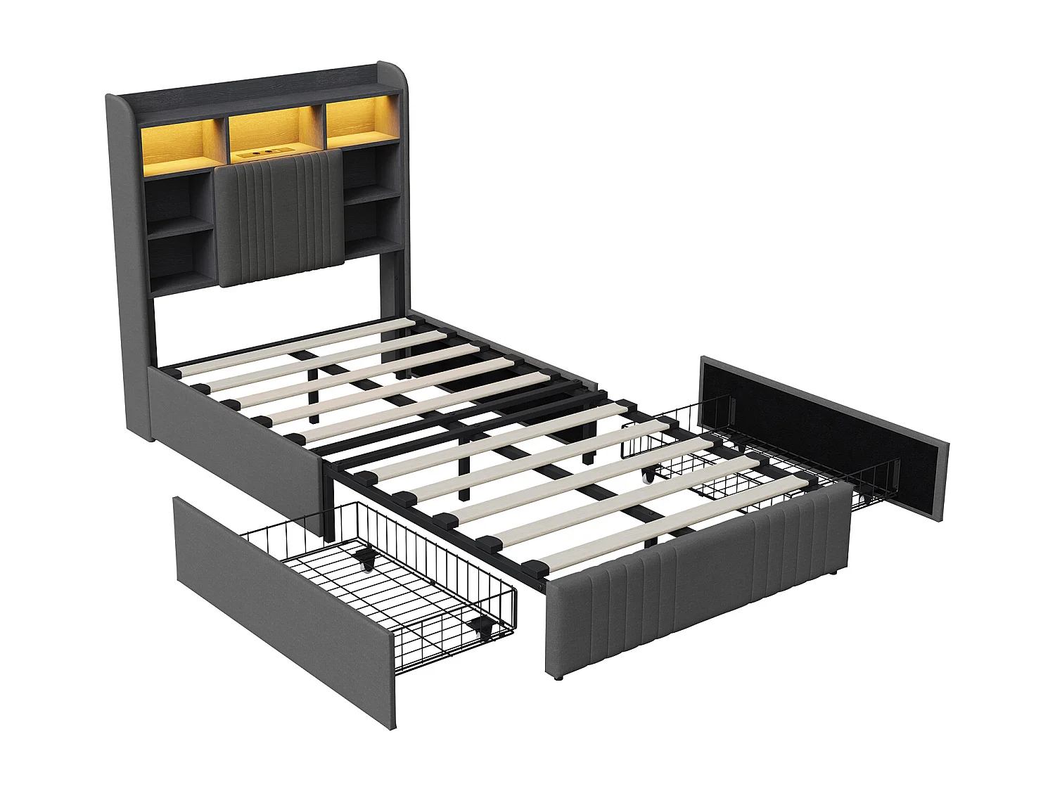Cama individual de 90x200 cm con iluminación LED, tapizada, con espacio de almacenamiento, 2 cajones y cabecero compartimentado, color lino/gris.