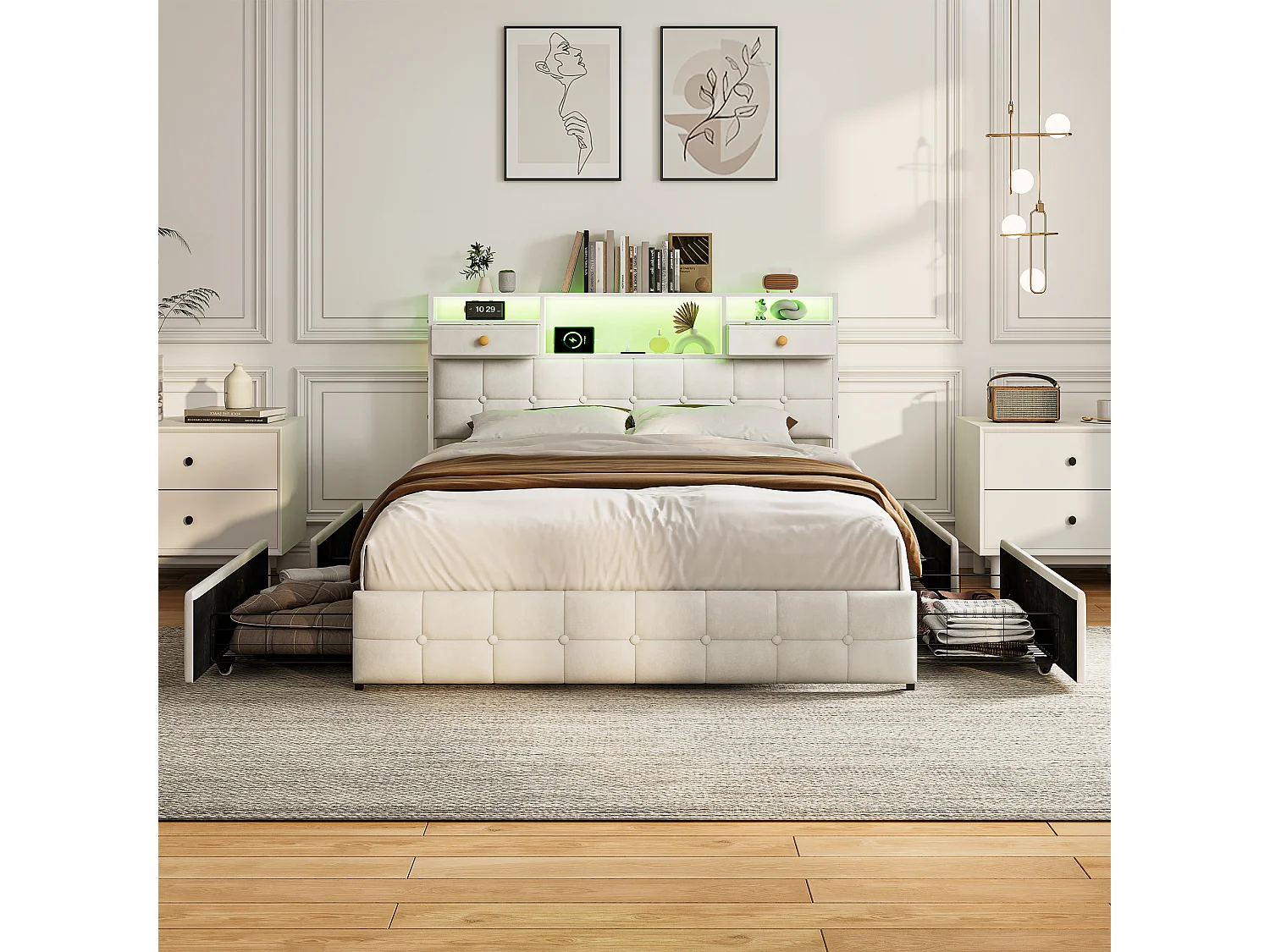 Lit Double 140 x 200 cm avec 4 Tiroirs, Lit Rembourré avec LED et Ports USB, Sommier à Lattes, Velours, Beige