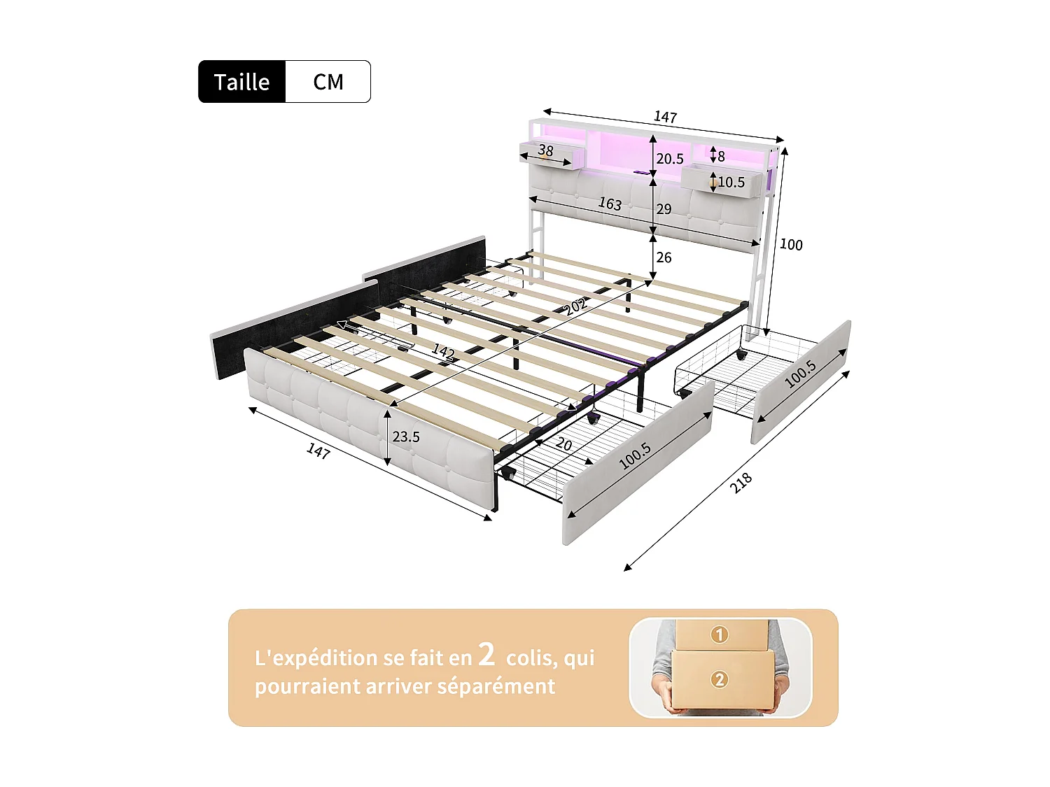 Lit Double 140 x 200 cm avec 4 Tiroirs, Lit Rembourré avec LED et Ports USB, Sommier à Lattes, Velours, Beige