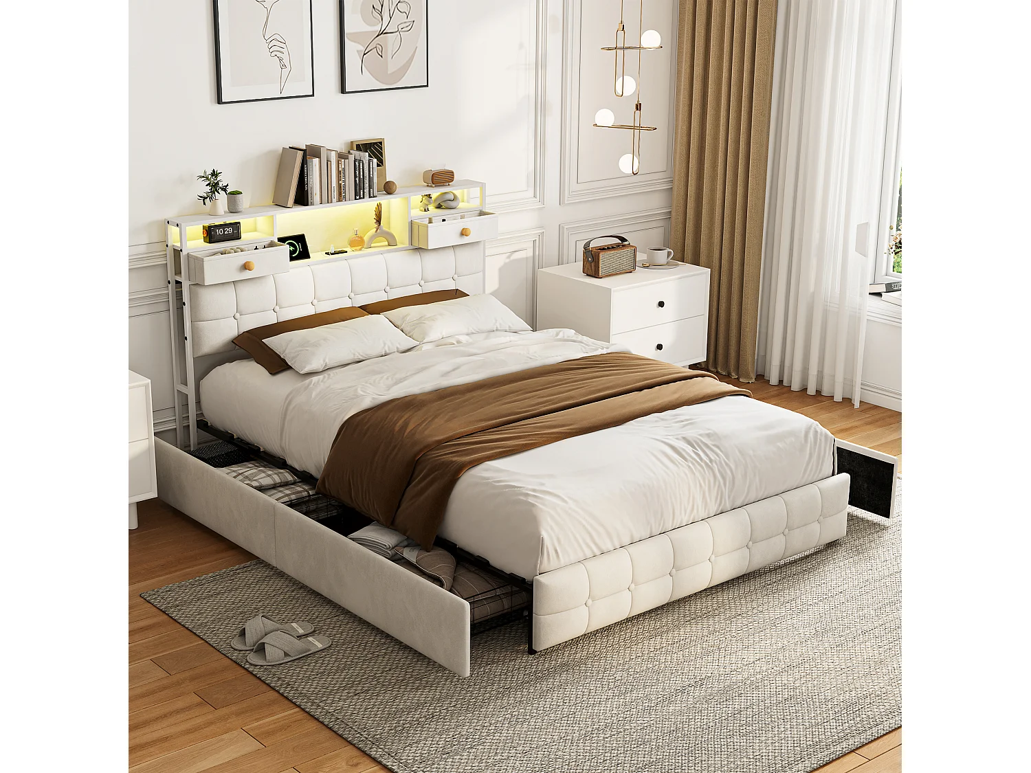Lit Double 140 x 200 cm avec 4 Tiroirs, Lit Rembourré avec LED et Ports USB, Sommier à Lattes, Velours, Beige