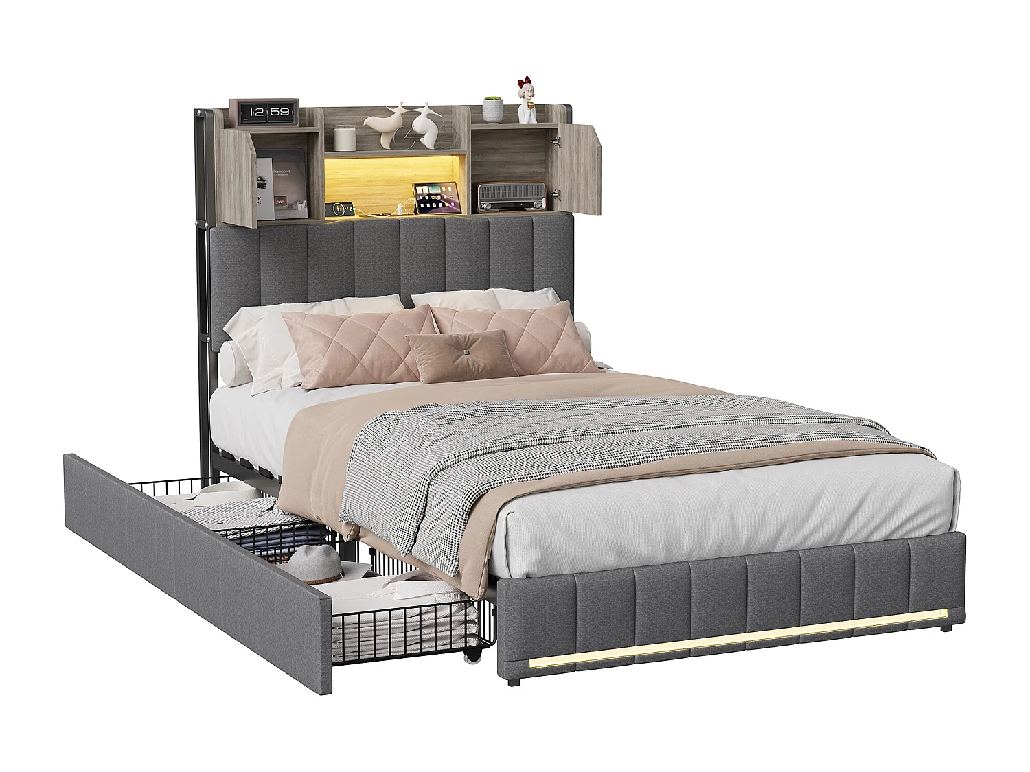 Cama con almacenamiento de 90 x 200 cm con LED y USB, tapizada con cabecero de madera, con 2 cajones, color lino, gris.