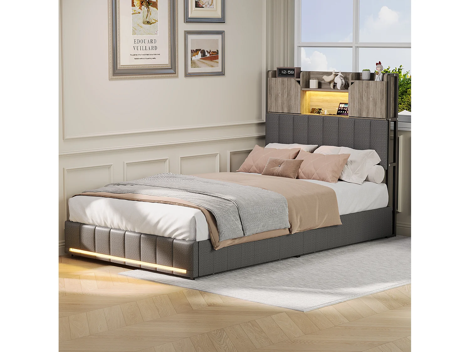 Cama con almacenamiento de 90 x 200 cm con LED y USB, tapizada con cabecero de madera, con 2 cajones, color lino, gris.