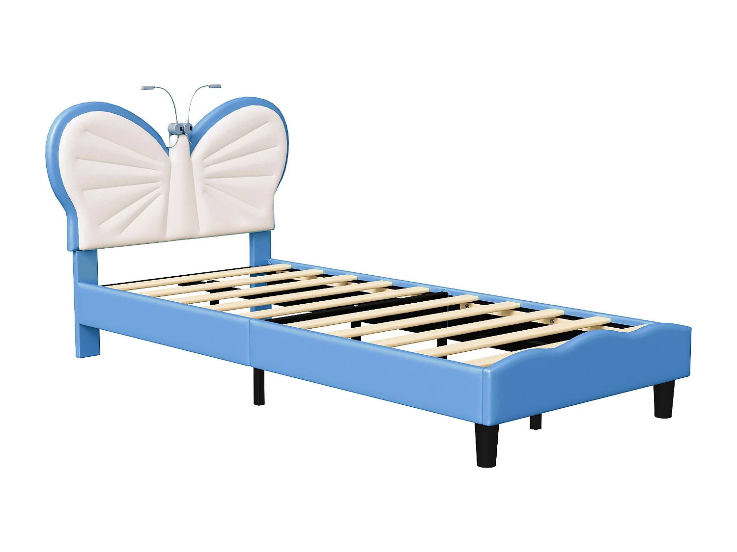 Lit Fille 90 x 190 cm avec LED, Tête de Lits réglable en Forme de Papillon et Lattes en Velours, Bleu