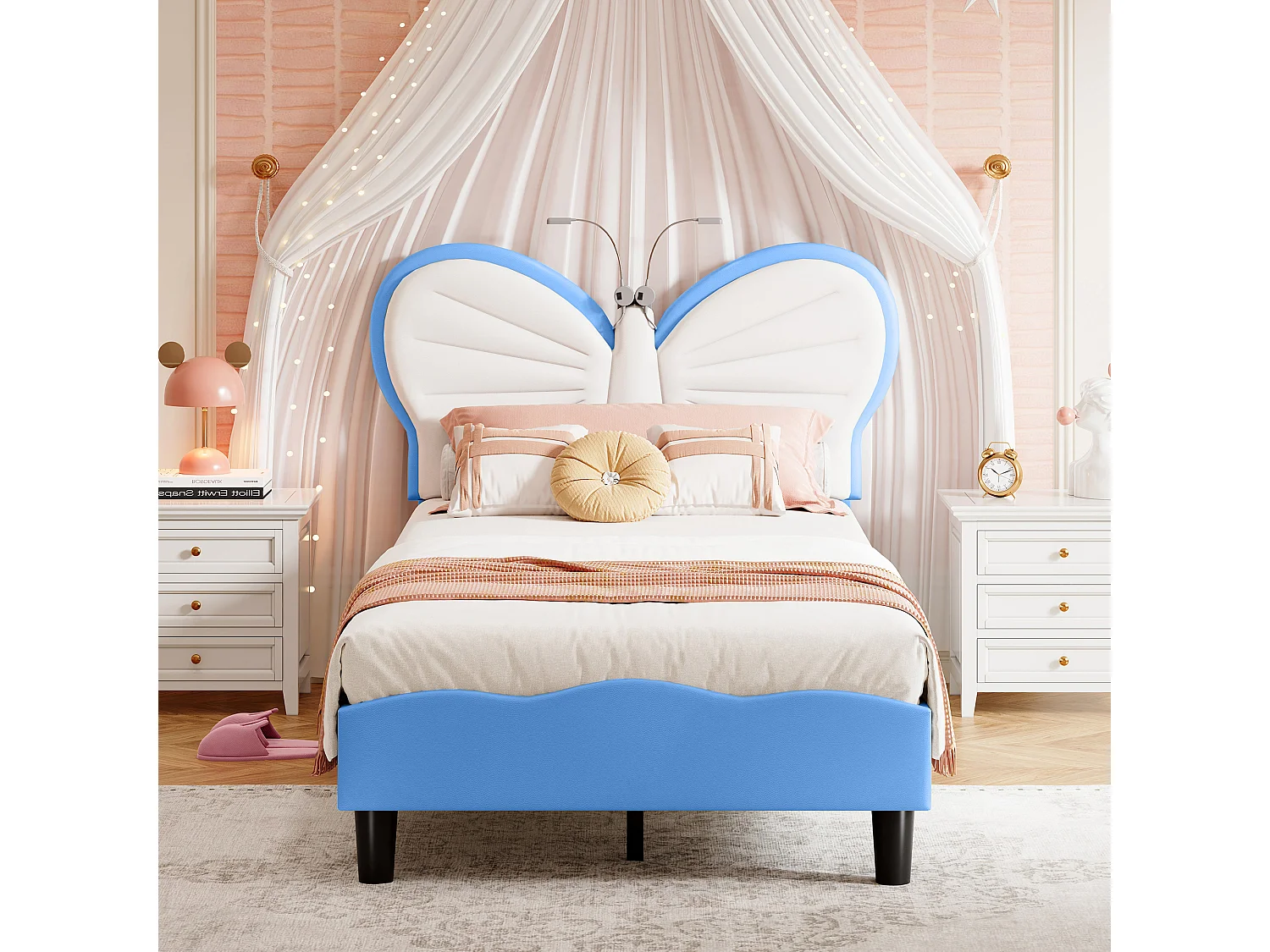 Lit Fille 90 x 190 cm avec LED, Tête de Lits réglable en Forme de Papillon et Lattes en Velours, Bleu