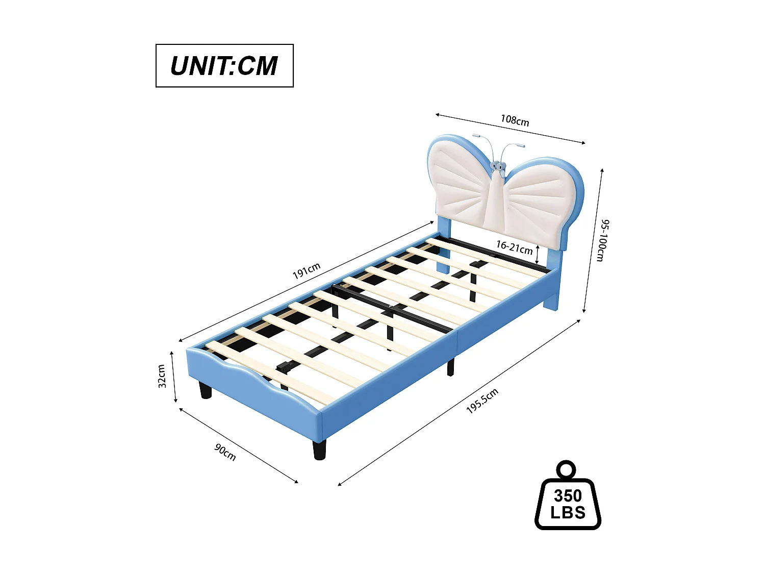 Lit Fille 90 x 190 cm avec LED, Tête de Lits réglable en Forme de Papillon et Lattes en Velours, Bleu