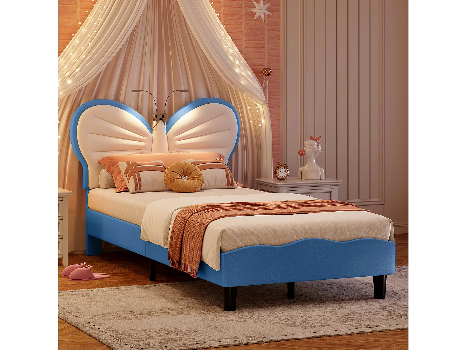 Lit Fille 90 x 190 cm avec LED, Tête de Lits réglable en Forme de Papillon et Lattes en Velours, Bleu
