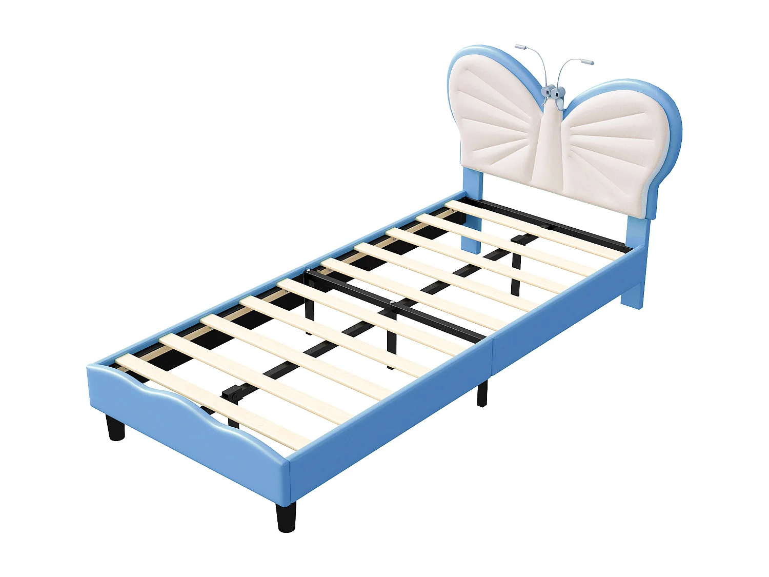 Lit Fille 90 x 190 cm avec LED, Tête de Lits réglable en Forme de Papillon et Lattes en Velours, Bleu