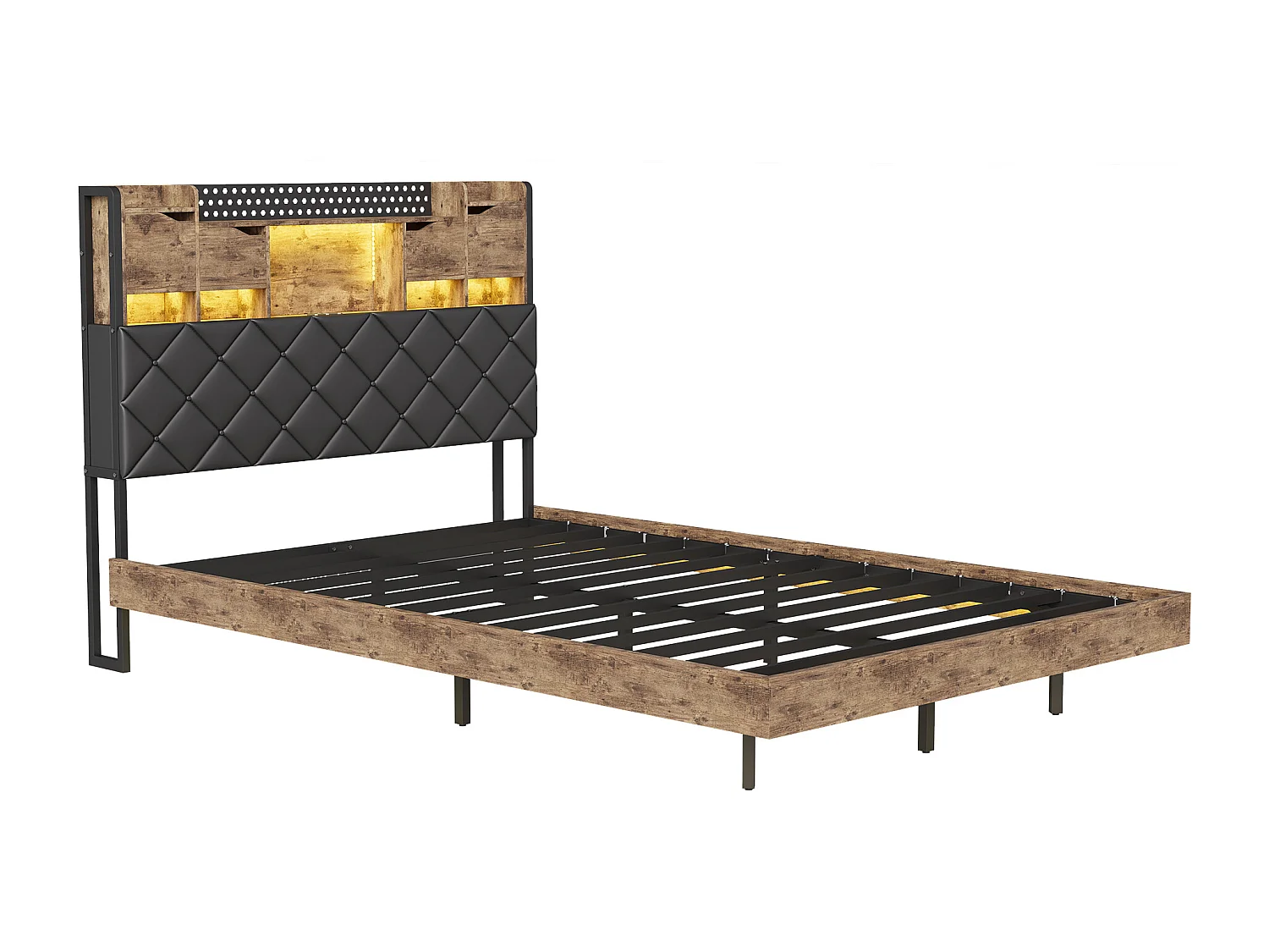 Lit double 160 x 200 cm, lit suspendu avec LED, lit double rembourré en PU avec tête de lit, noir