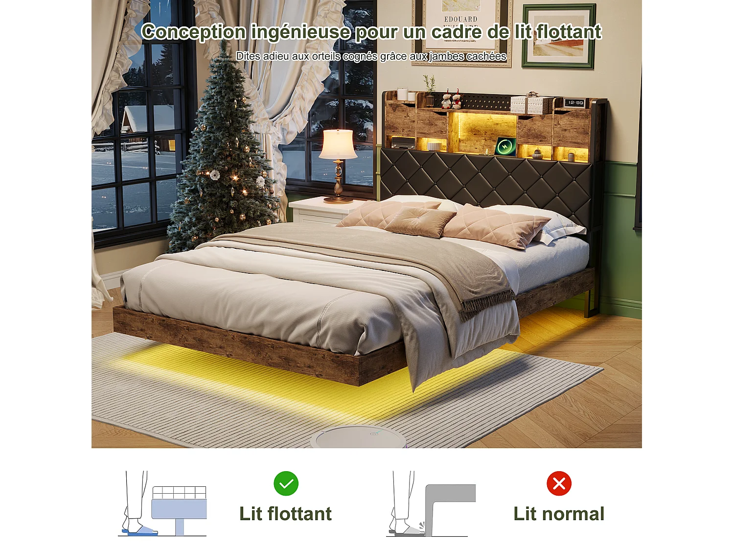 Lit double 160 x 200 cm, lit suspendu avec LED, lit double rembourré en PU avec tête de lit, noir