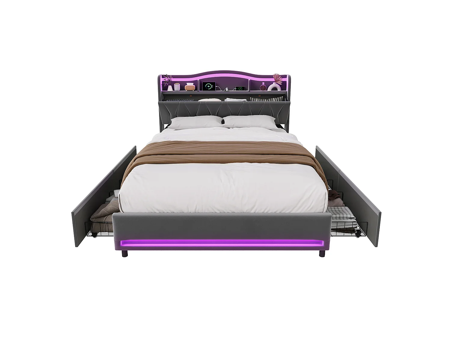 Lit Double 160 x 200 cm avec 4 Tiroirs, avec LED et Ports USB, Sommier à Lattes, Velours, Gris