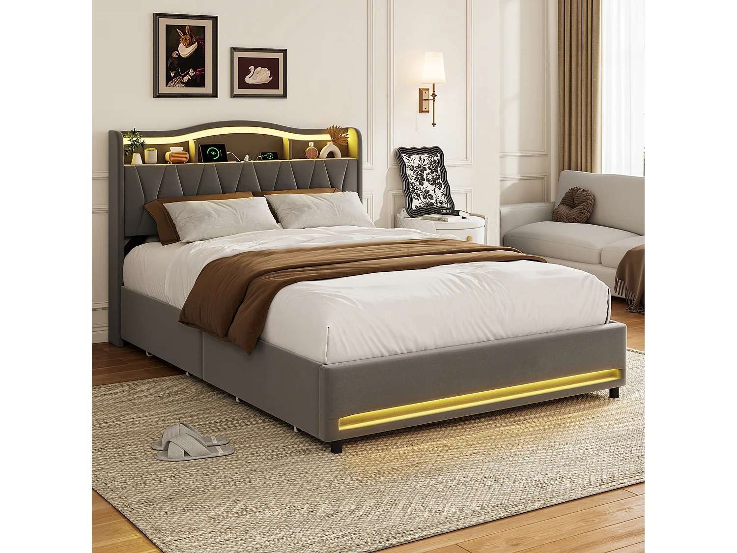 Lit Double 160 x 200 cm avec 4 Tiroirs, avec LED et Ports USB, Sommier à Lattes, Velours, Gris