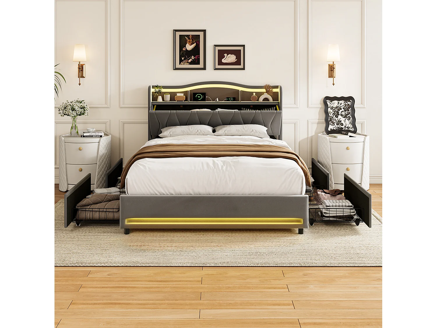 Lit Double 160 x 200 cm avec 4 Tiroirs, avec LED et Ports USB, Sommier à Lattes, Velours, Gris