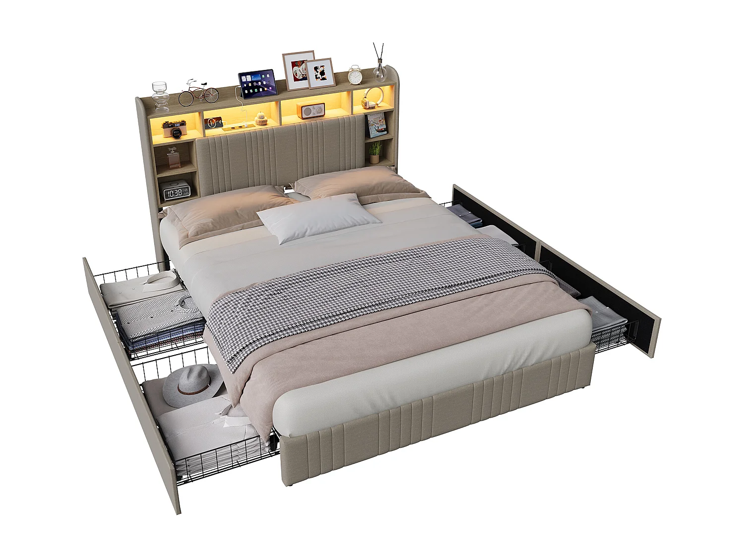 Cama tapizada de 140 x 200 cm con iluminación LED y puertos USB, cama doble con 4 cajones, cabecero con espacio de almacenamiento, ropa de cama, color beige.