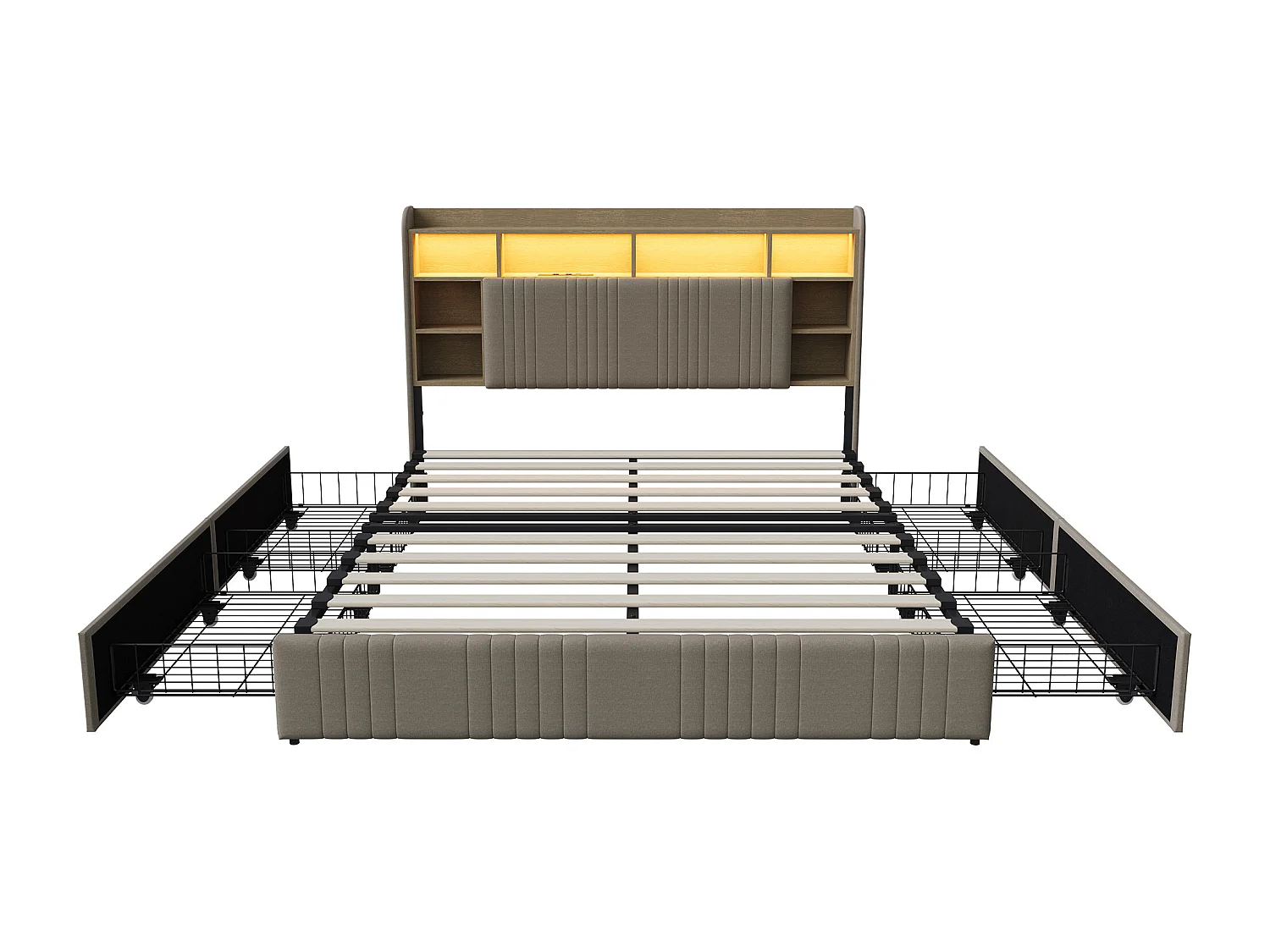 Cama tapizada de 140 x 200 cm con iluminación LED y puertos USB, cama doble con 4 cajones, cabecero con espacio de almacenamiento, ropa de cama, color beige.